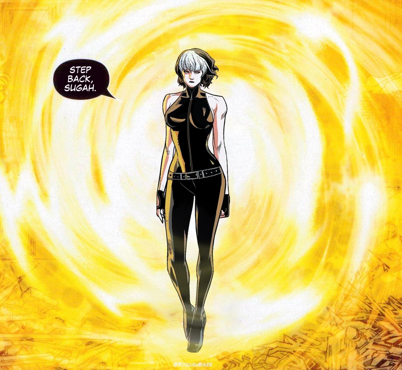 Rogue in a leather suit, walking out of a flaming portal, saying "Step back, sugah".